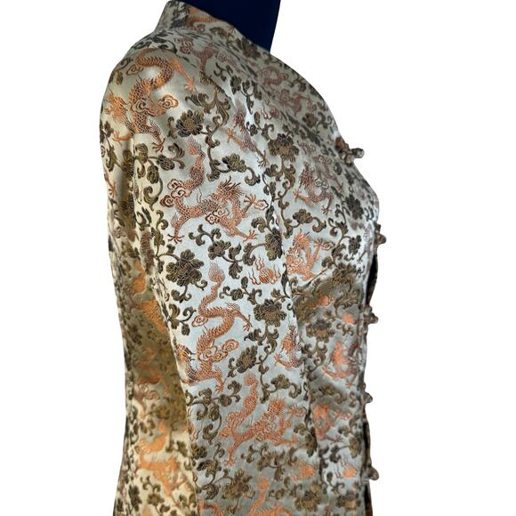 Vintage Gold Dragon Brocade Mandarin Jacket XS Longline Asian Inspired Blazer - Picture 3 of 16